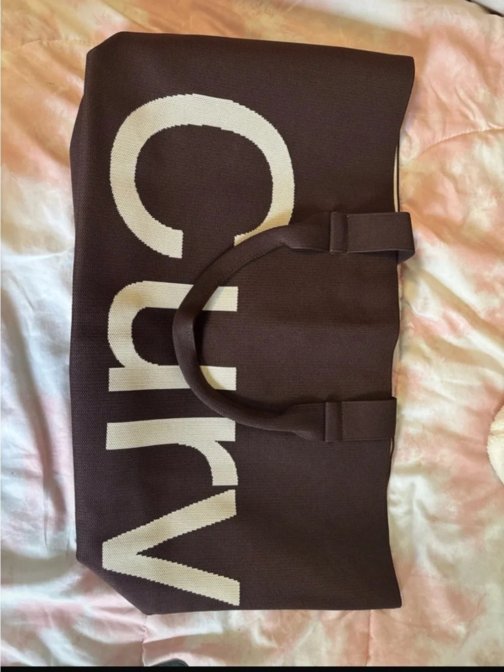 Curve Brown Tote Bag with Cream Lettering